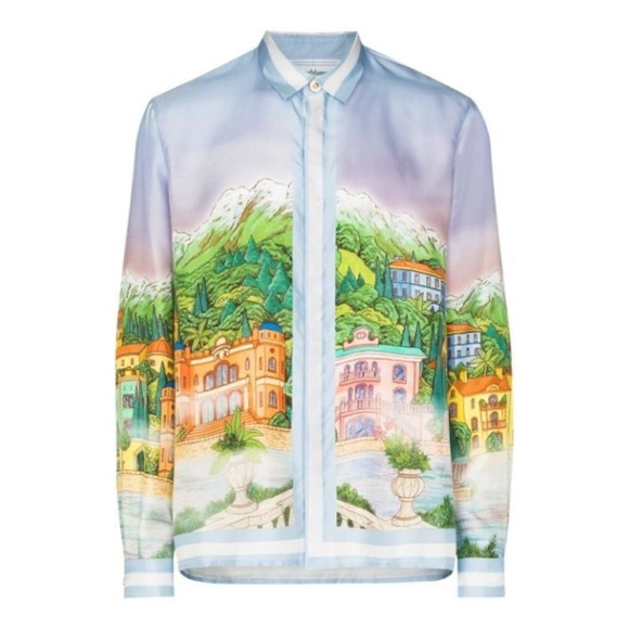 Casablanca Silk Landscape Shirt Men’s Size Medium Green Brouillard Sur Le Lac - Picture 1 of 12